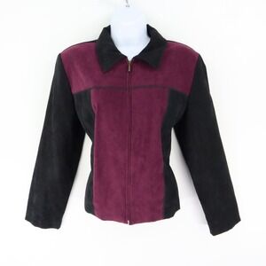 Briggs‎ Full Zip Blazer Jacket Womens Sz PM Black Purple Lined Shoulder Pads